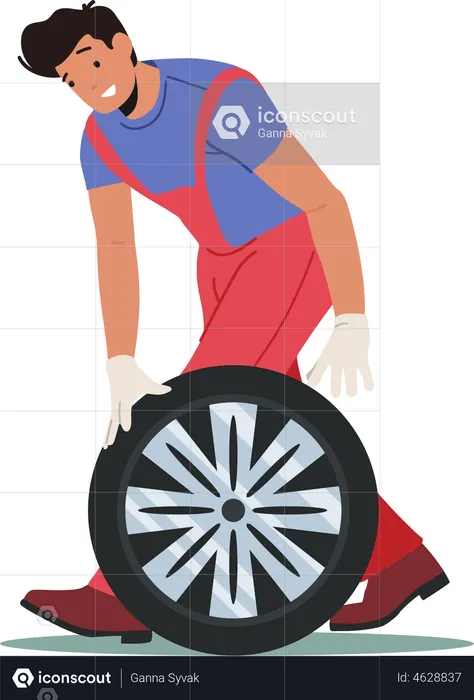 Worker changing tire with spare wheel  Illustration