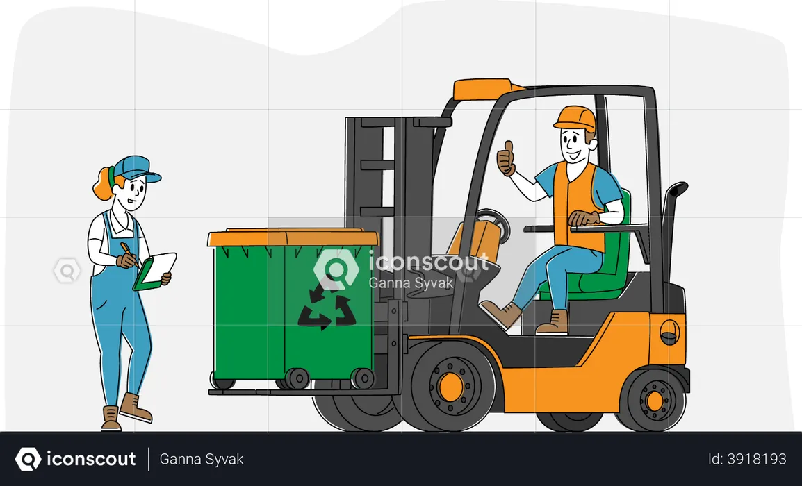 Worker Character Driving Forklift Truck with Garbage for Waste Processing. Technological Process. Recycling and Storage of Trash for Further Disposal. Manufacturing. Linear People Vector Illustration  Illustration