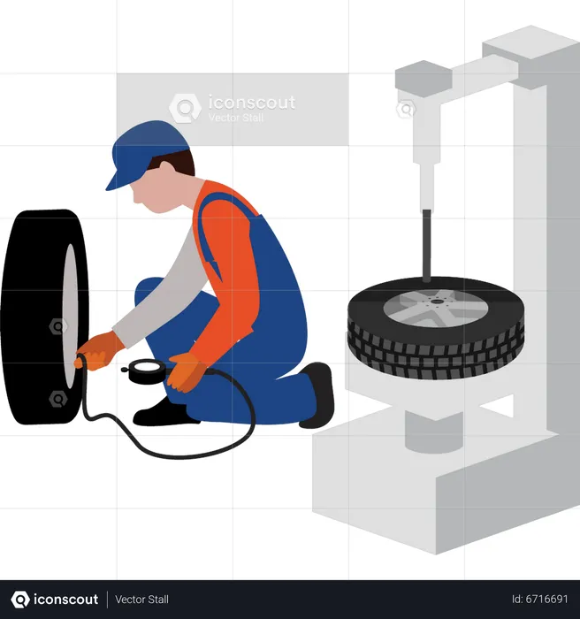 Worker checking air pressure in tire  Illustration