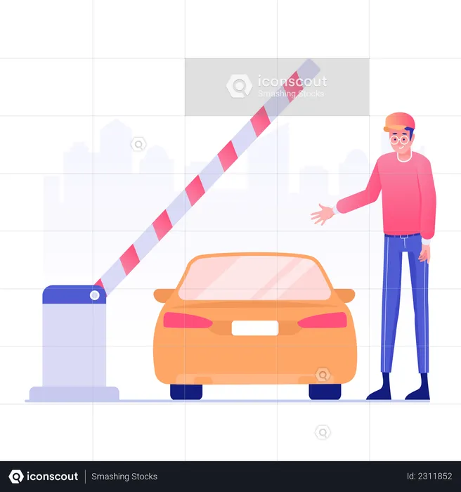 Worker checking car at toll plaza  Illustration