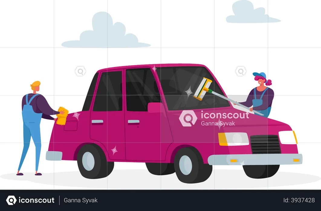 Worker Cleaning Car with Cleaning Wiper and Mop  Illustration