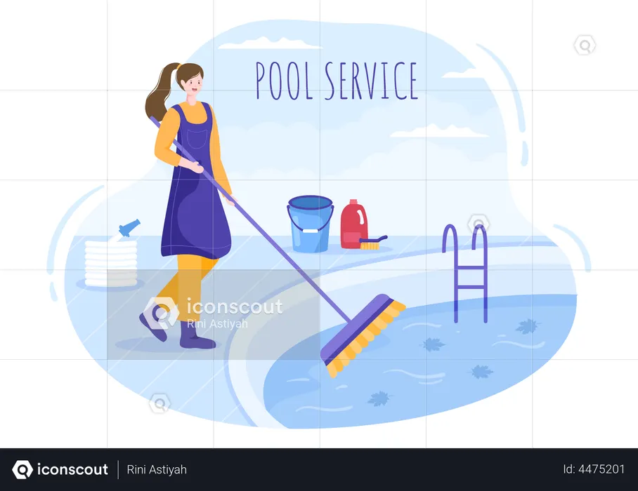 Worker cleaning water in pool with Broom  Illustration