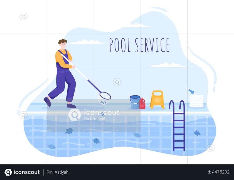 Worker cleaning water in pool with Net  Illustration