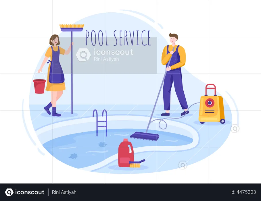 Worker cleaning water in pool with vacuum cleaner  Illustration
