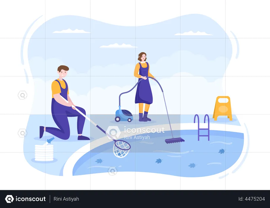 Worker cleaning water in pool with vacuum cleaner and Net  Illustration