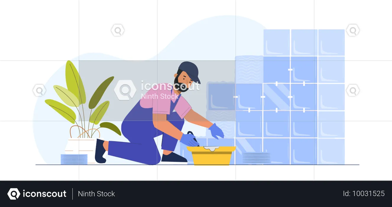 Worker Constructing Building Wall  Illustration