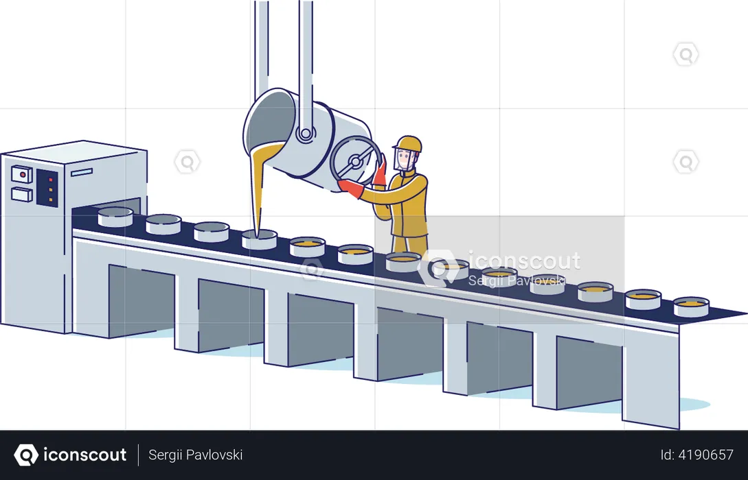 Worker Controls Metal Melting And Pouring Process On Conveyor at Metallurgical Plant  Illustration
