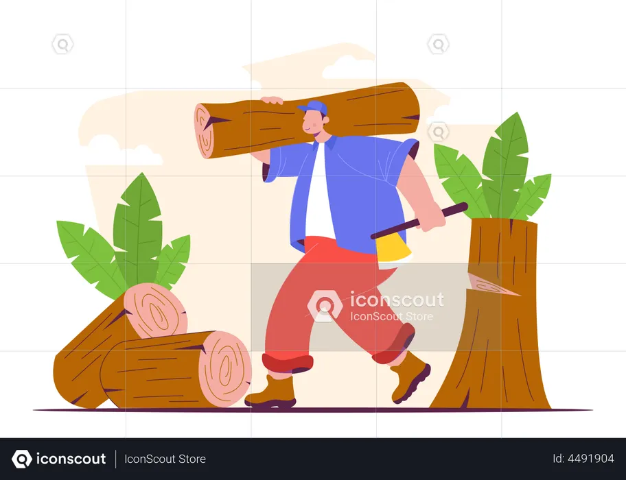 Worker cutting tree and collecting logs  Illustration