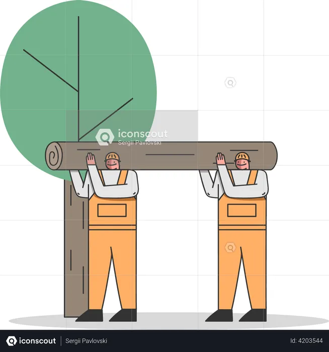 Worker cutting trees and gathering logs  Illustration