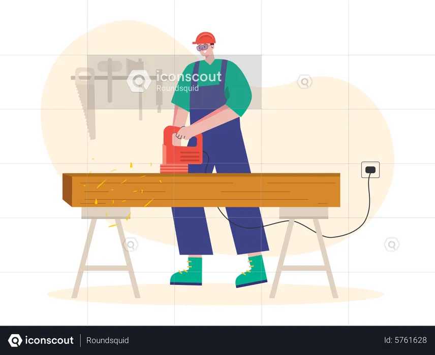 Worker cutting wooden  Illustration