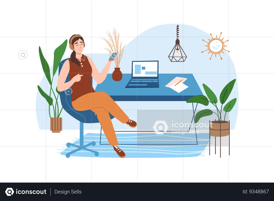 Worker decided to listen to music to relax and then continue working  Illustration