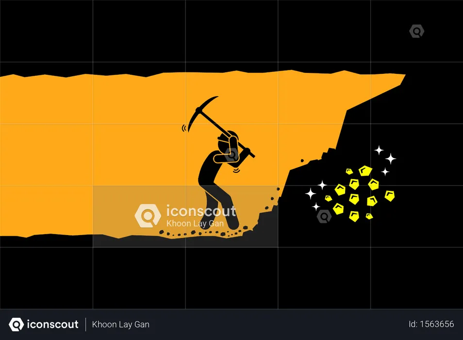 Worker digging and mining for gold in an underground tunnel  Illustration