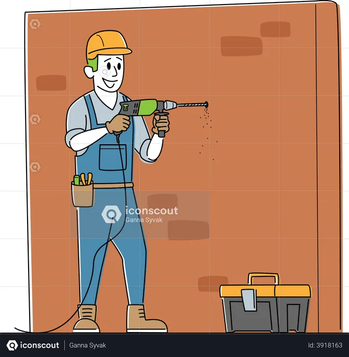Worker Drill Wall  Illustration