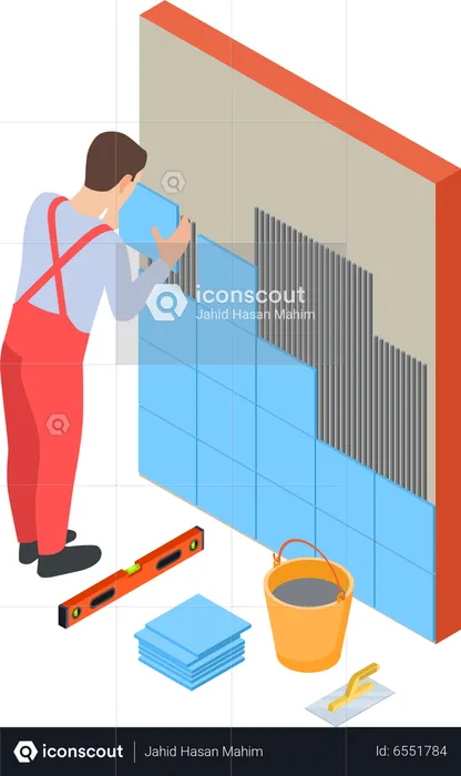 Worker fitting tiles on wall  Illustration