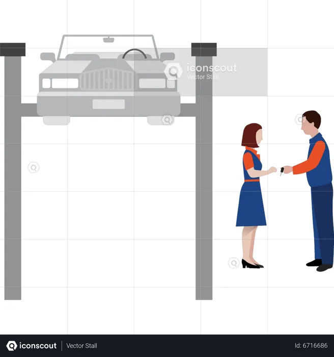 Worker giving car key to girl  Illustration