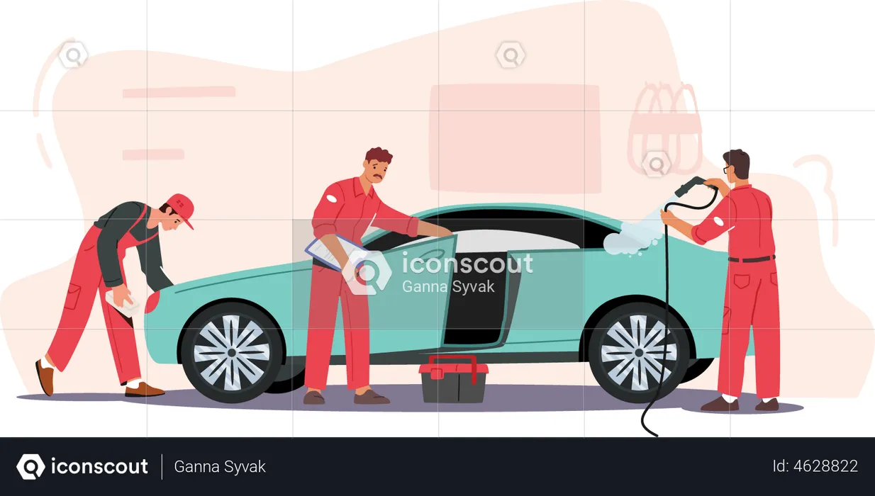 Worker giving final touchup to car after service  Illustration