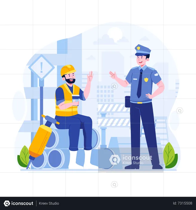 Worker greeting policeman  Illustration