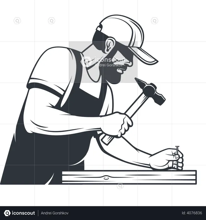 Worker handyman with hammer and nail  Illustration
