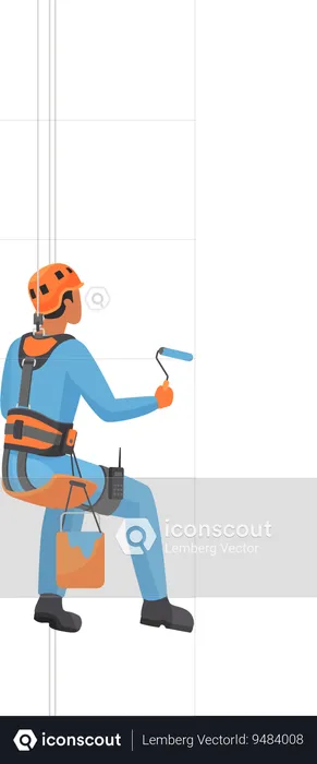 Worker hanging on rope and paints building wall with roller  Illustration
