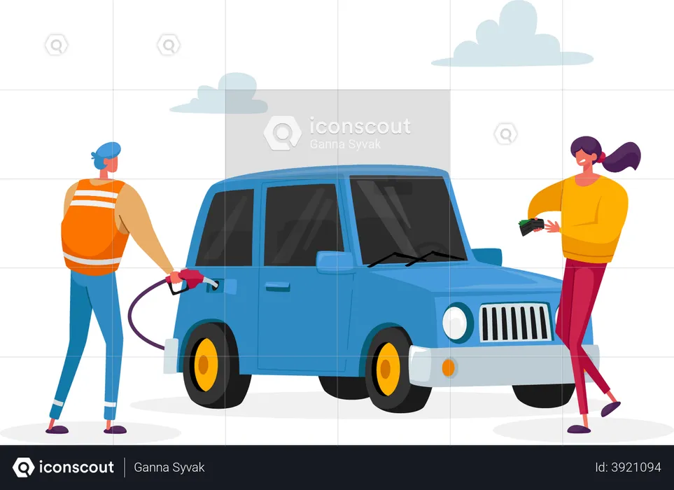 Worker hold filling gun for pouring fuel into car  Illustration