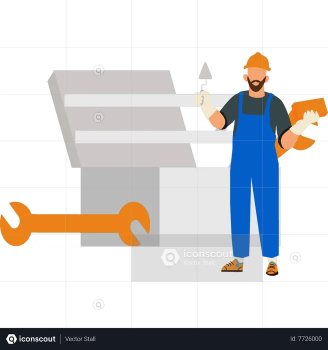 Worker holding brick and trowel  Illustration