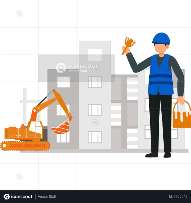 Worker holding bucket of paint  Illustration