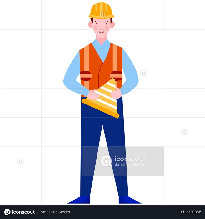 Worker Holding Traffic Cone  Illustration
