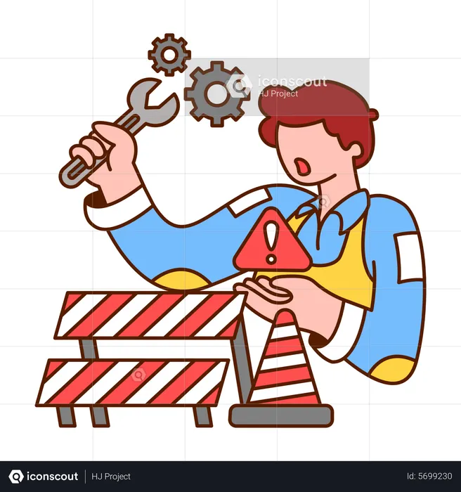 Worker holding wrench and repairing broken machine  Illustration