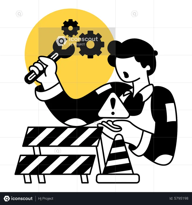 Worker holding wrench and repairing broken machine  Illustration