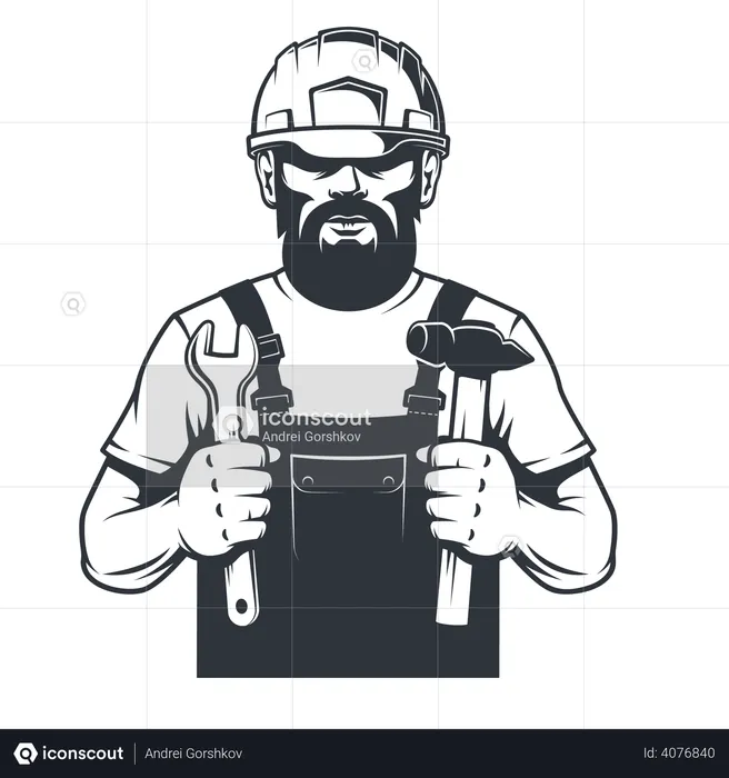 Worker in hard hat mechanic holds hammer and spanner  Illustration