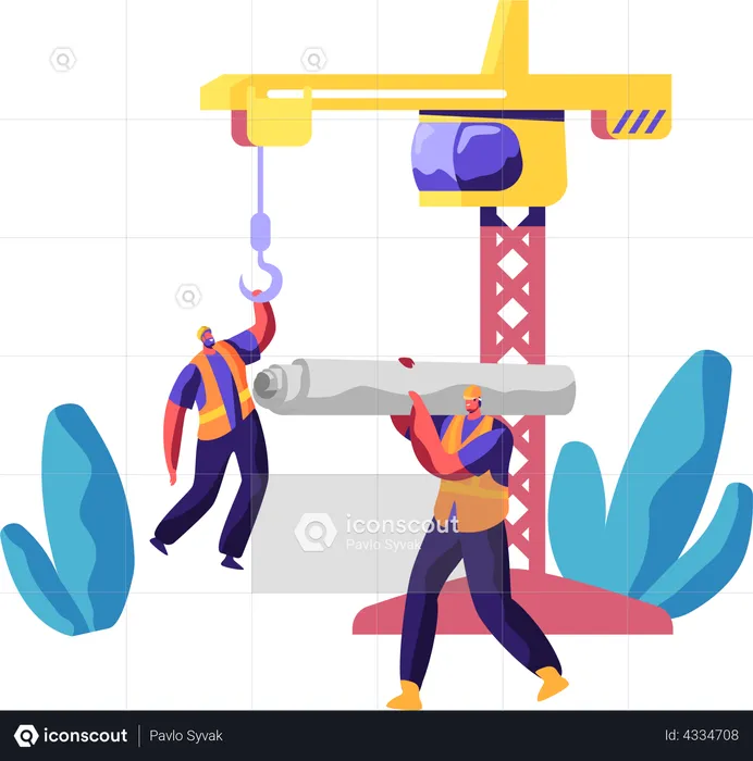 Worker in Hardhat Keep Crane and Carry Material for Build Work  Illustration