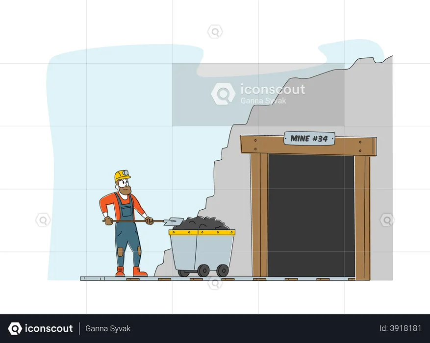 Worker in Uniform and Helmet Stand at Coal Mine Entrance with Trolley with Shovel  Illustration