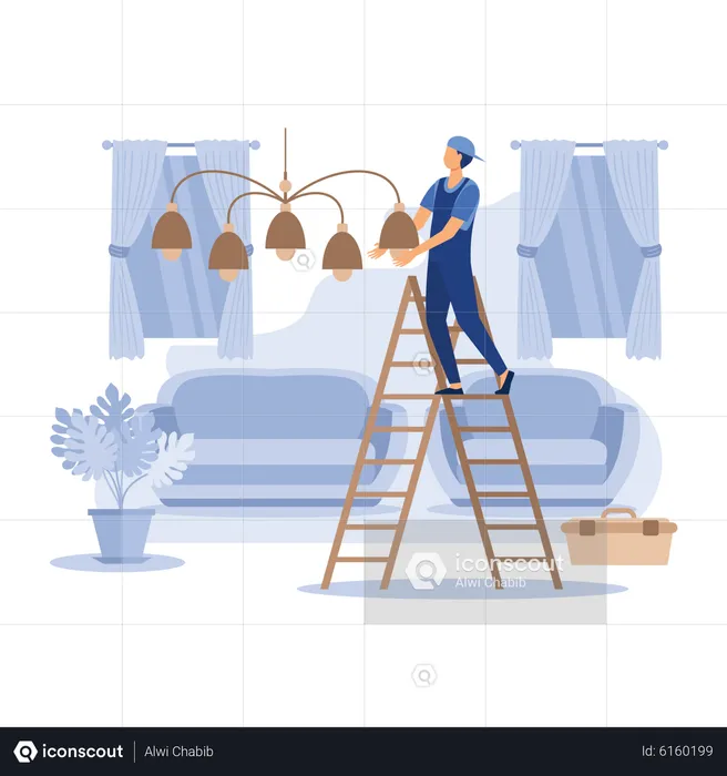 Worker install chandelier at home  Illustration
