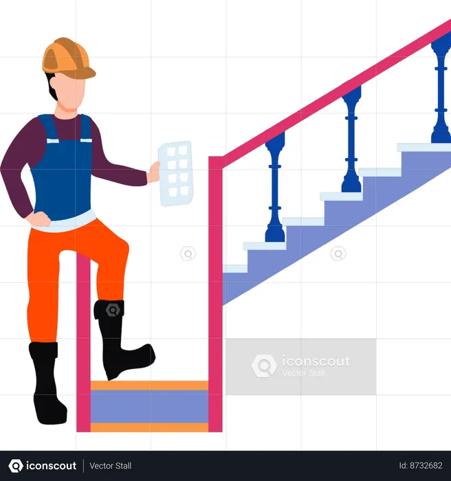 Worker is building a staircase in a house  Illustration