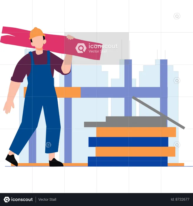 Worker is carrying a wood piece  Illustration