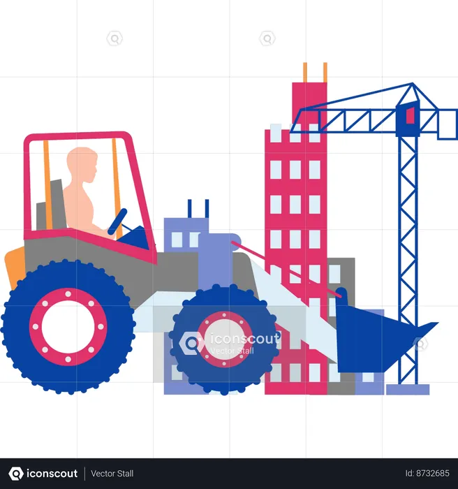 Worker is driving a tractor at a construction site  Illustration