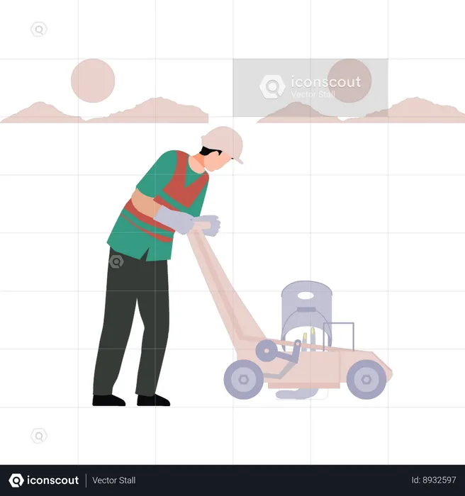 Worker is mowing the grass  Illustration