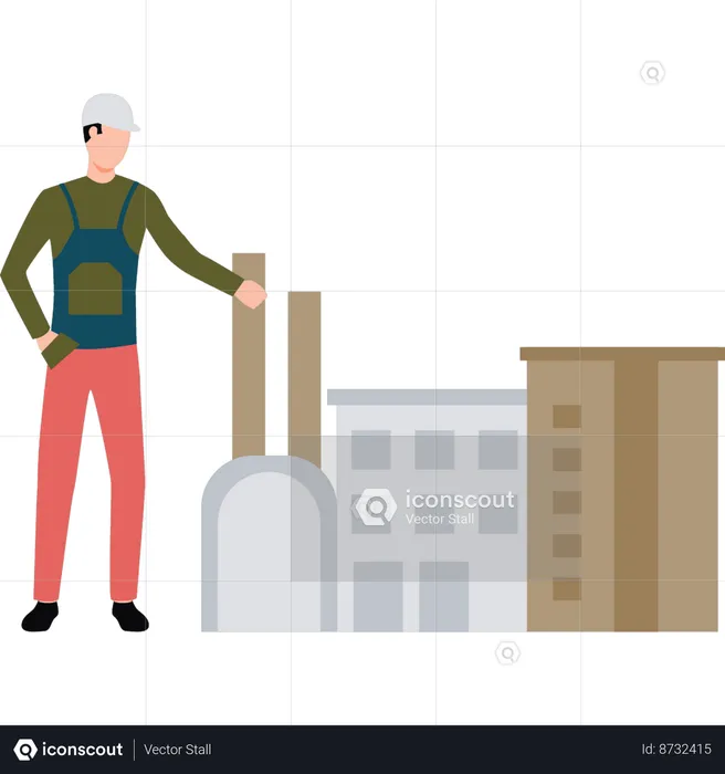 Worker is pointing at the industry building  Illustration