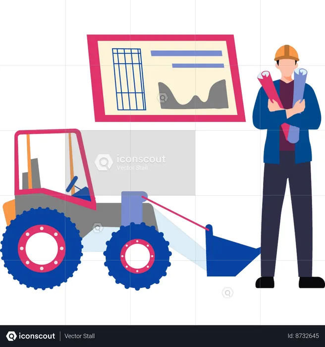 Worker is standing next to the tractor  Illustration