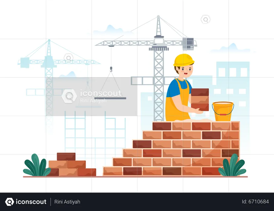 Worker laying bricks to make brick wall  Illustration