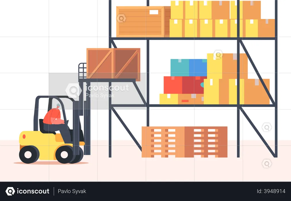 Worker Lifting Cargo on Forklift Machine in Warehouse  Illustration
