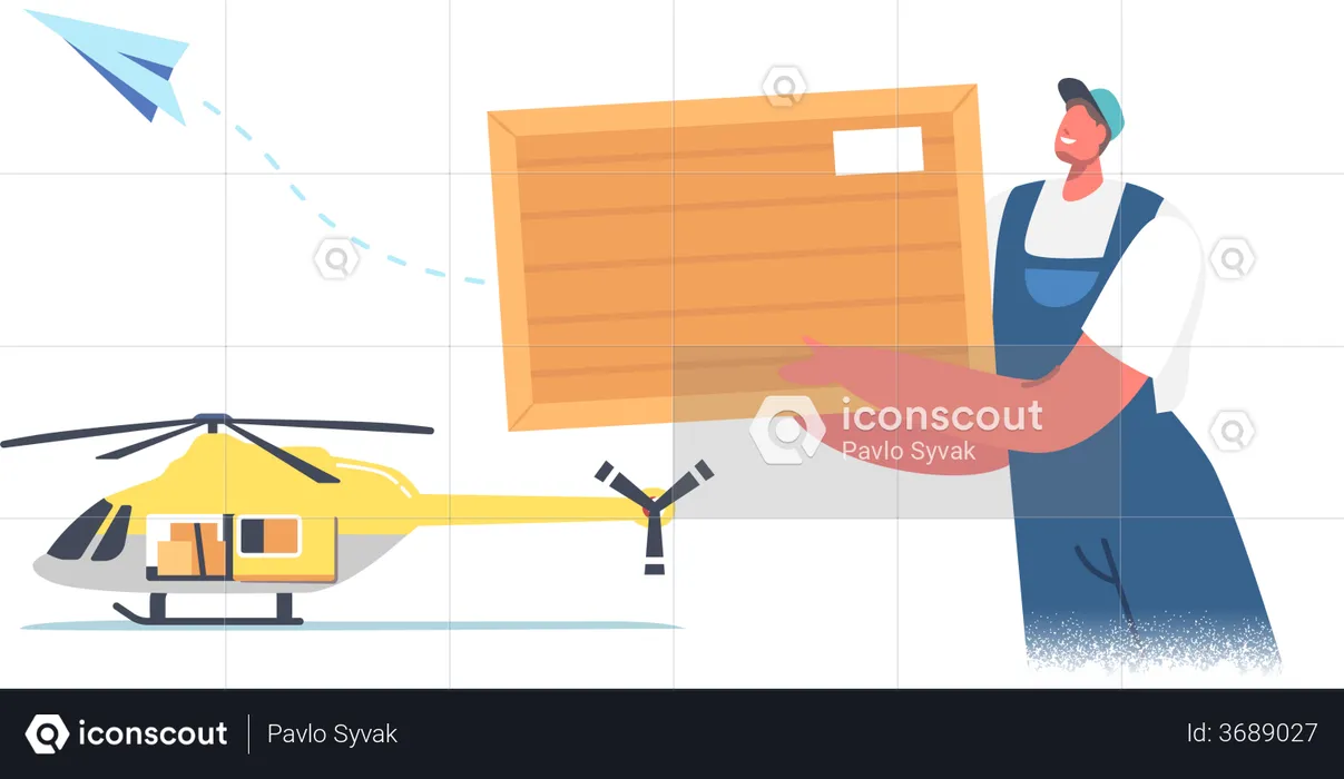 Worker Loader Loading Parcel on Helicopter for Air Transportation  Illustration
