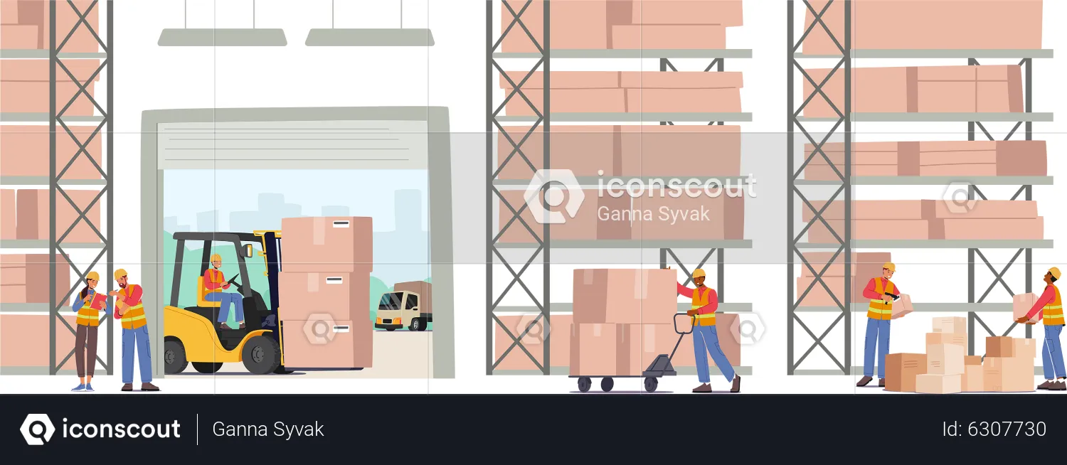 Worker Loading and Stacking Boxes with Forklift  Illustration