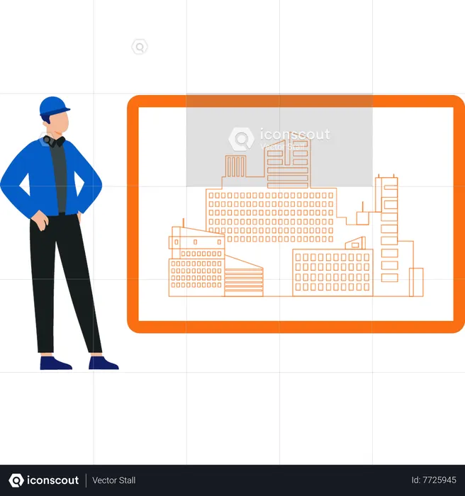 Worker looking at construction plan on board  Illustration