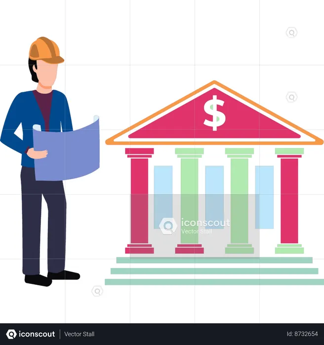 Worker looks at a blueprint of a bank building  Illustration