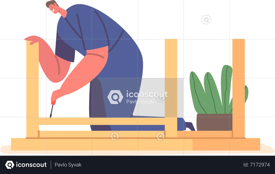 Worker Male Assembling Wooden Table Using Screwdriver Tool  Illustration