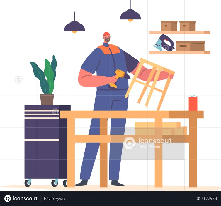 Worker Male Character Assembles Wooden Chair Using Tools Such As Drills, Hammers, And Screws. Pieces Are Joined Together  Illustration