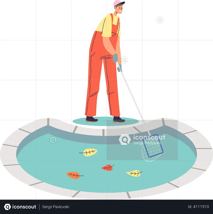 Worker man cleaning pool from garbage and leaves with net  Illustration