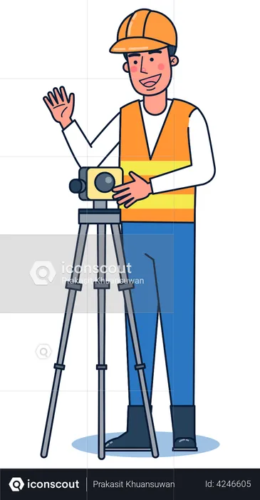 Worker measuring survey using surveying tripod  Illustration