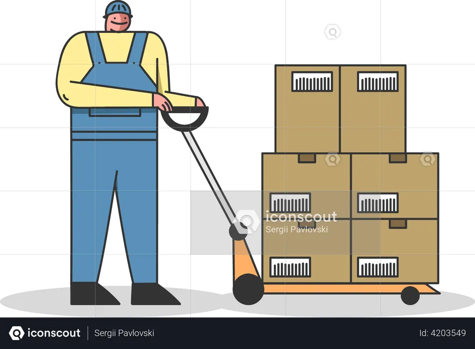Worker moving packages in the warehouse  Illustration
